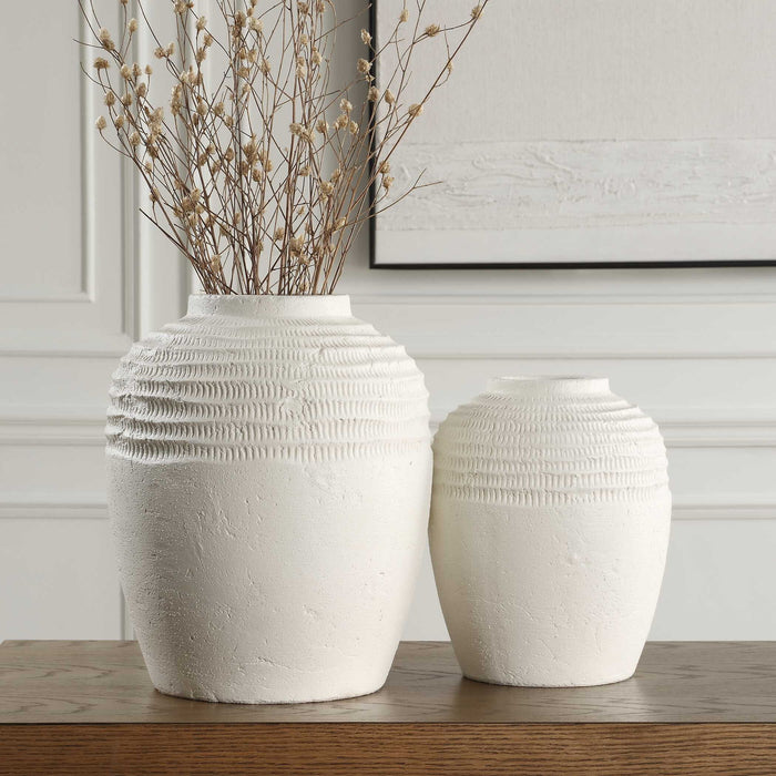 Luna - Ridge Ceramic Vases (Set of 2) - White