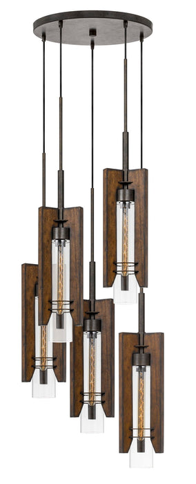 Almeria - 38" Height Wood and Metal Pendants - Wood Color - 5 Light