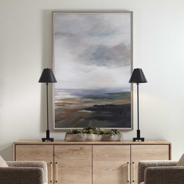 Lowlands - Framed Landscape Print - Black / Blue / Brown / Orange / White / Yellow