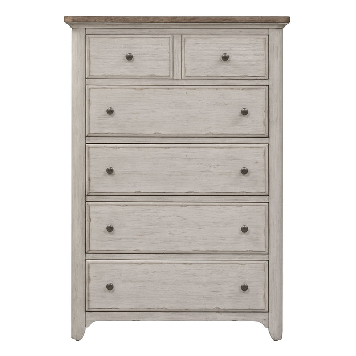 Farmhouse Reimagined - 5 Drawer Chest - Antique White / Chestnut Tops