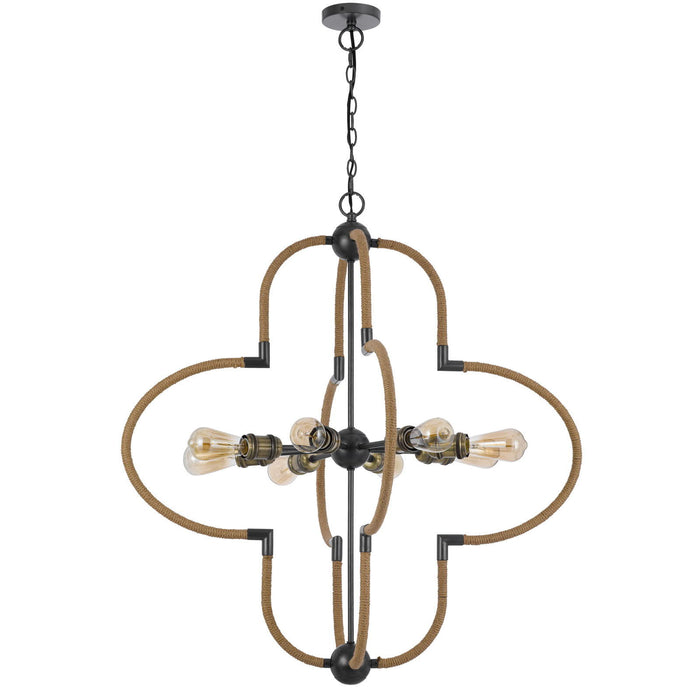 Tahoka - 60W X 8 Metal Chandelier With Burlap Wrapped Frame - Burlap / Black Iron / Antique Brass