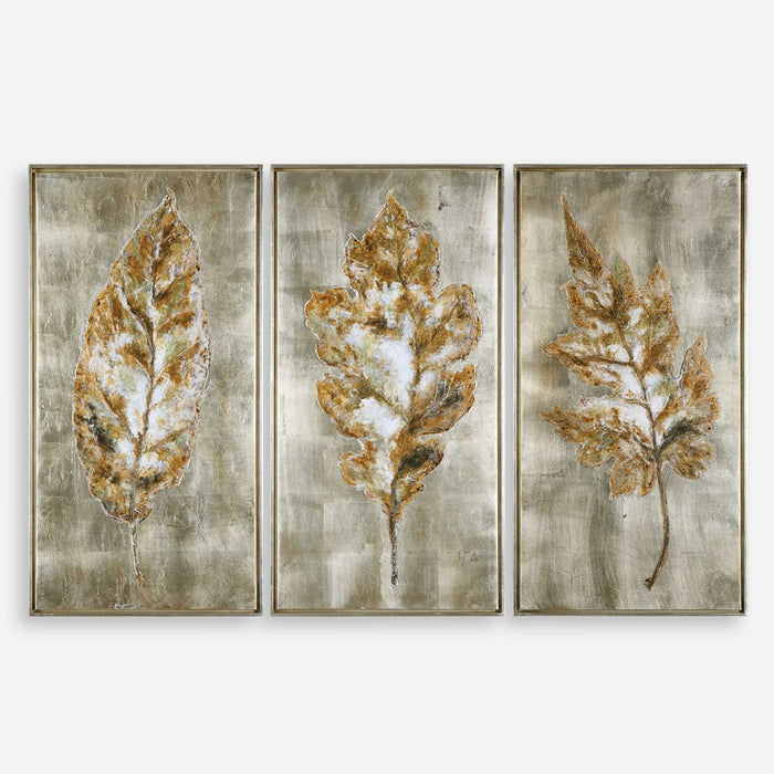CHAMPAGNE LEAVES HAND PAINTED CANVASES, S/3