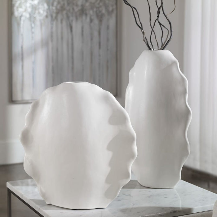 Ruffled Feathers Outdoor Vases, White, S/2