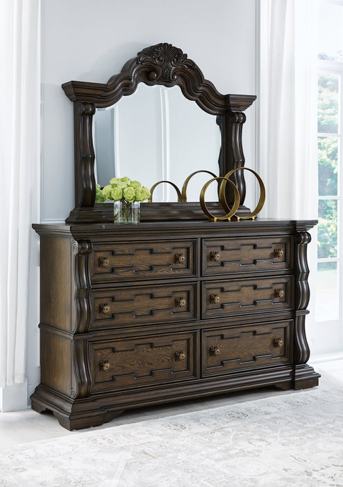 Maylee King Canopy Bed with Mirrored Dresser, Chest and Nightstand