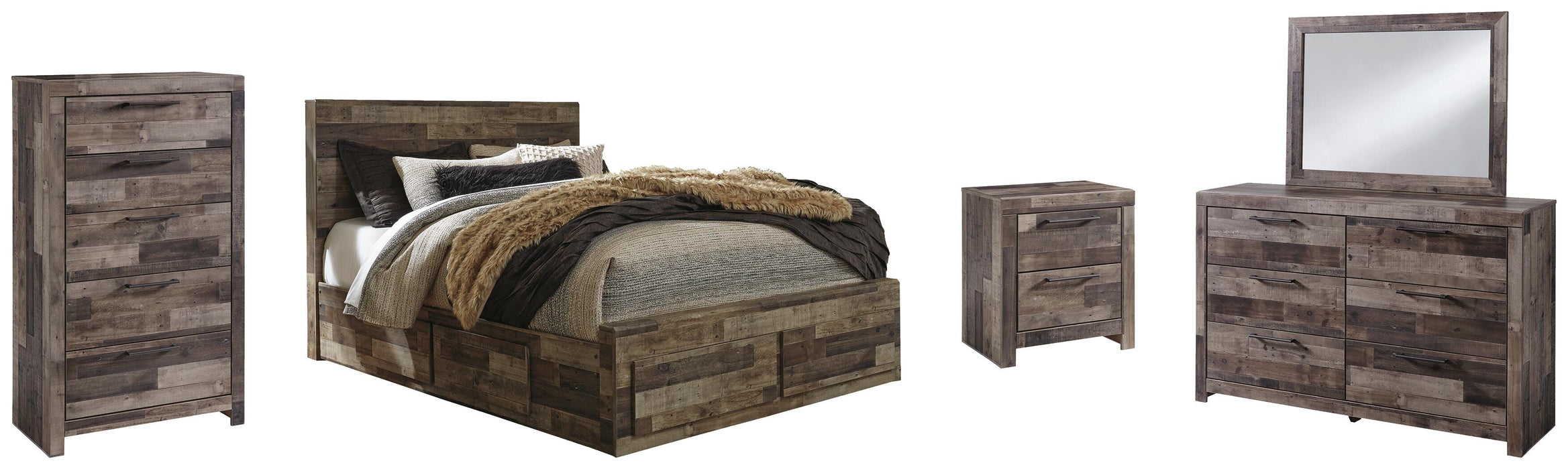 Derekson Queen Panel Bed with 4 Storage Drawers with Mirrored Dresser, Chest and Nightstand
