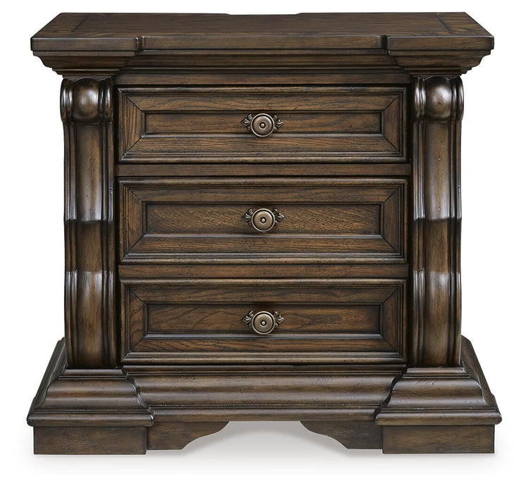 Maylee California King Upholstered Bed with Mirrored Dresser and Nightstand