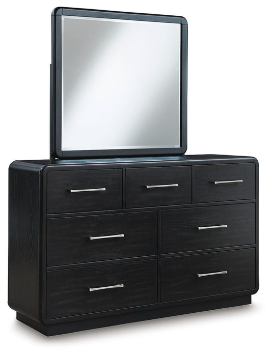 Rowanbeck California King Upholstered Panel Bed, Dresser, Mirror, Chest and Nightstand