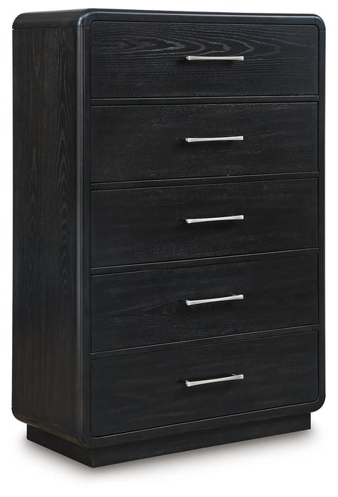Rowanbeck California King Upholstered Panel Bed, Dresser, Mirror, Chest and Nightstand