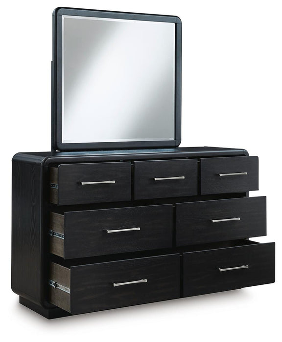 Rowanbeck California King Upholstered Panel Bed, Dresser, Mirror and Nightstand