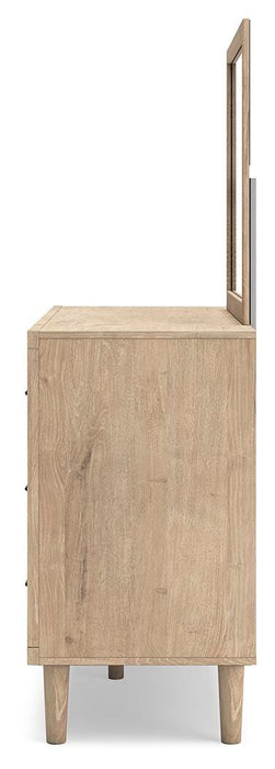 Cielden King Panel Bed with Mirrored Dresser and Nightstand