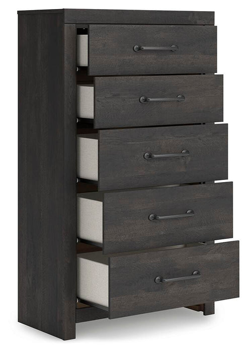 Hollivern Twin Panel Bed with Storage, Dresser, Mirror, Chest and Nightstand