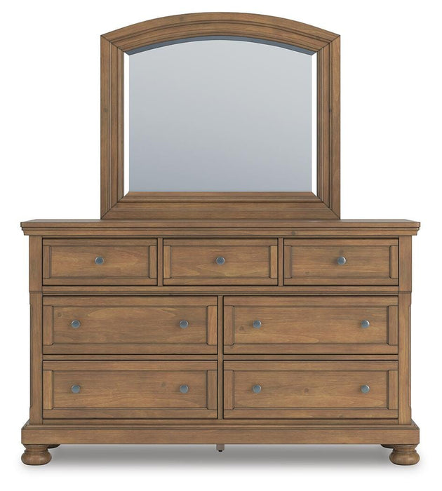 Feddinger California King Storage Sleigh Bed with Mirrored Dresser