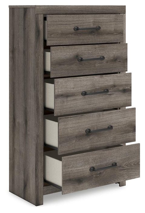 Graystorm Full Panel Bed with Storage, Dresser, Mirror, Chest and Nightstand
