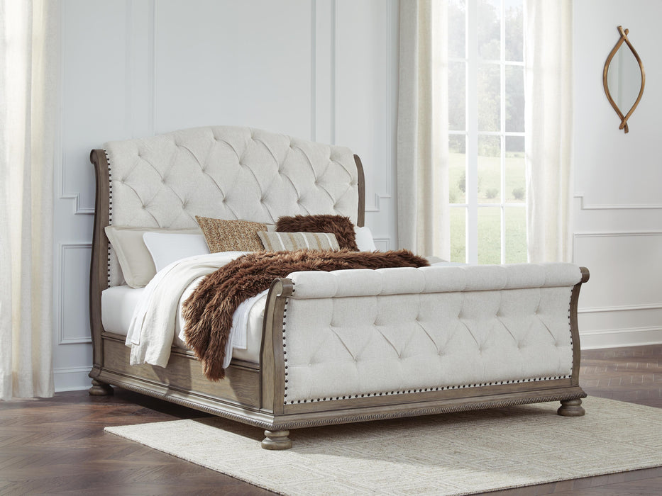 Ardenfield King Upholstered Sleigh Bed, Dresser, Mirror and Nightstand