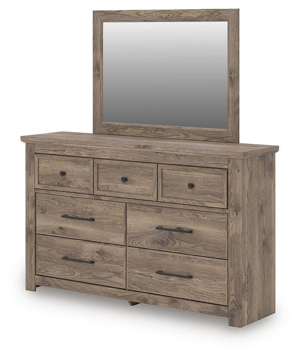 Rusticott Queen Poster Bed with Mirrored Dresser and Nightstand