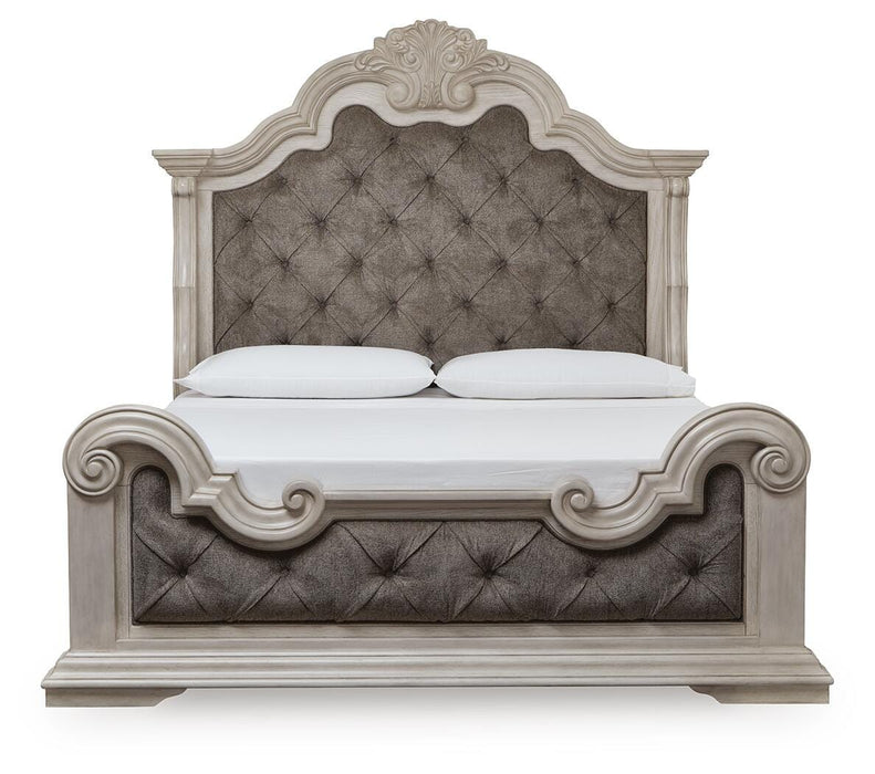 Bruchandi California King Upholstered Panel Bed with Mirrored Dresser and Nightstand