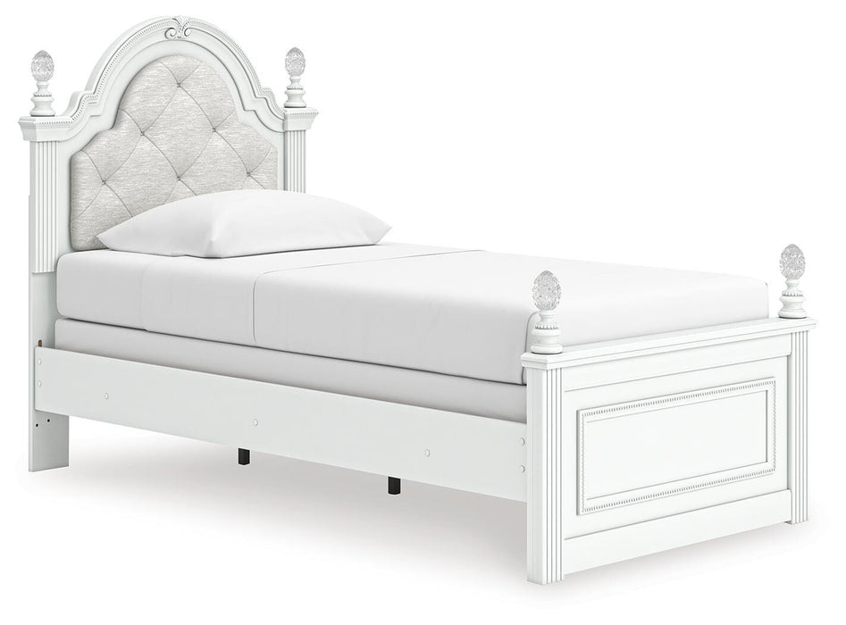 Kozlani Twin Upholstered Panel Bed, Dresser and Mirror