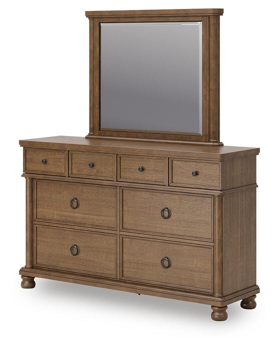 Rowlenstown California King Poster Bed with Mirrored Dresser and Nightstand