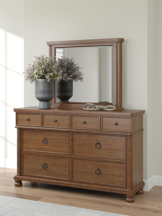 Rowlenstown California King Poster Bed with Mirrored Dresser and Nightstand