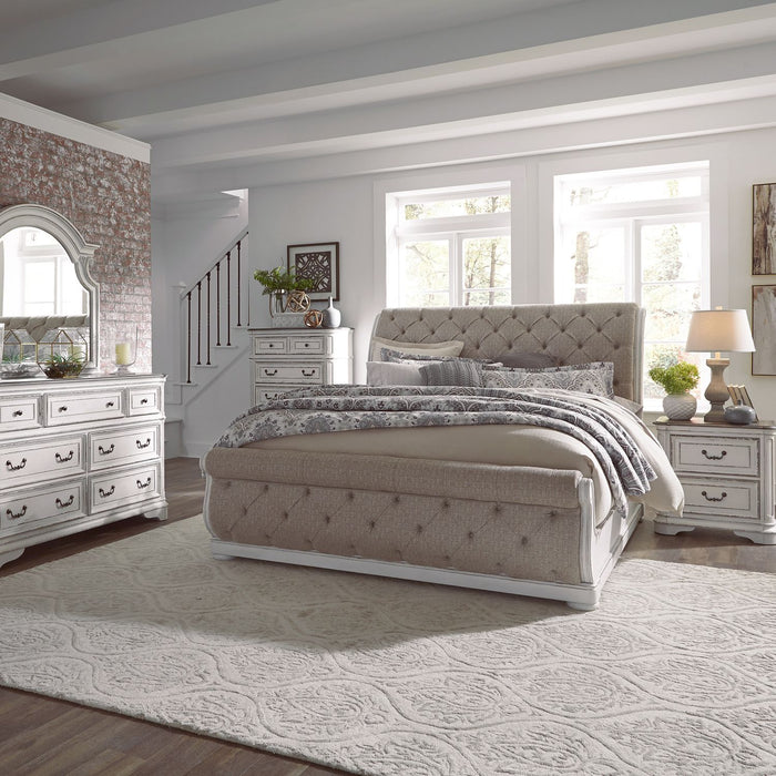 Magnolia Manor - King Uph Sleigh Bed, Dresser & Mirror, Chest, Night Stand